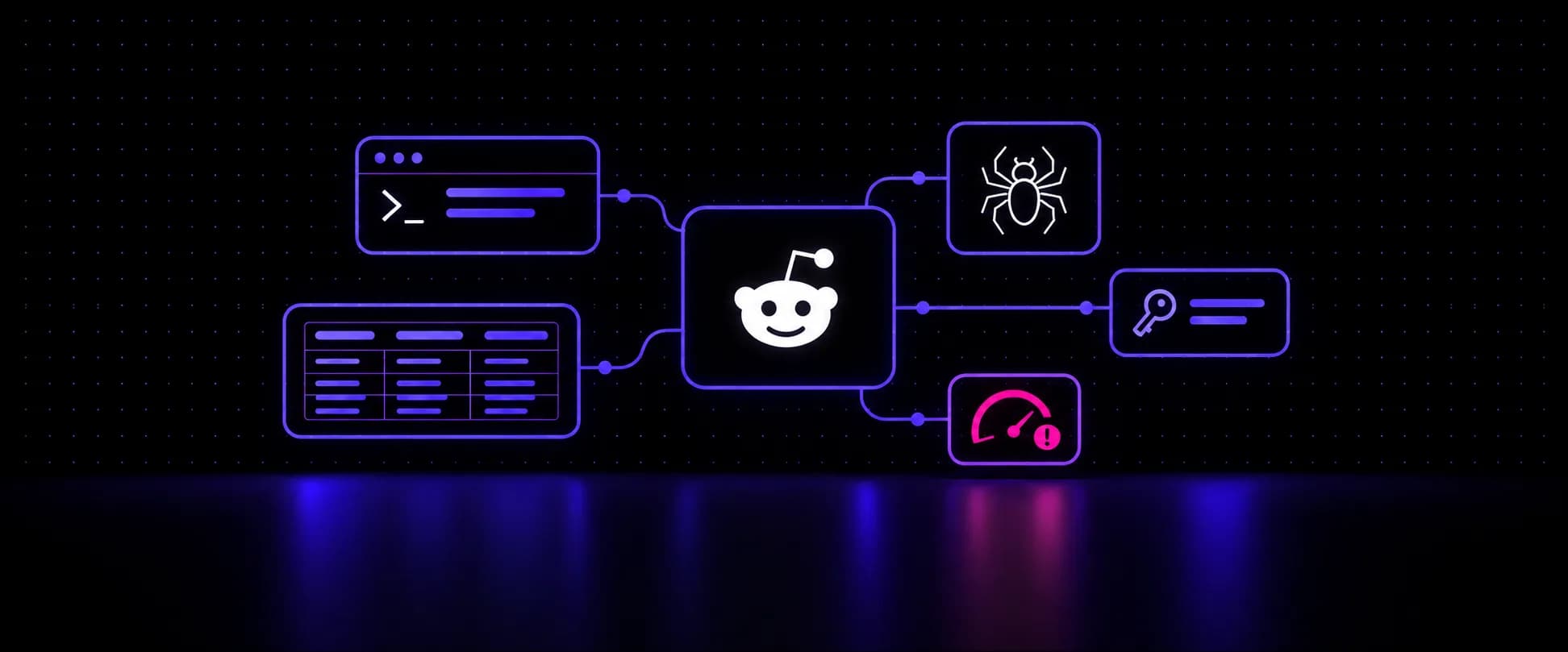 The Reddit logo at the center of a network diagram linking a terminal, a data table, a crawler, an API key and a rate-limit warning
