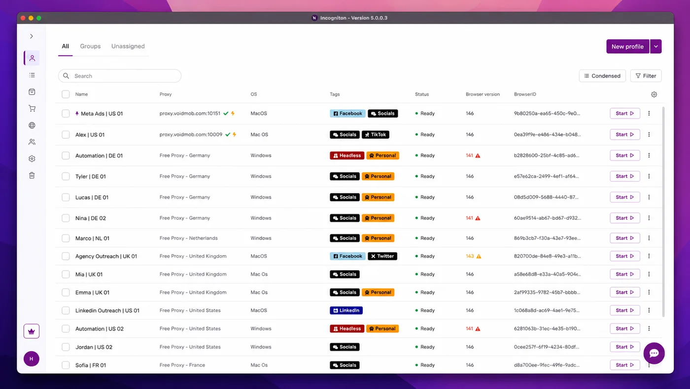 Incogniton profiles list with mobile proxies assigned per profile alongside tags, status, and browser version