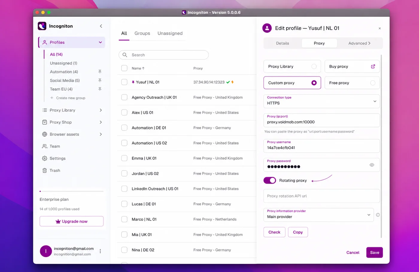 Incogniton profile proxy settings with the Rotating Proxy toggle enabled and a rotation API URL field